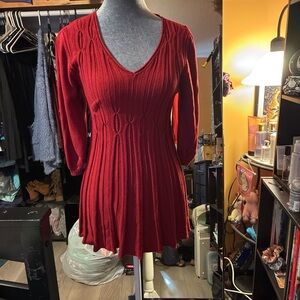 Max Studio Red Knit V‑Neck Long Sleeve Swing Dress